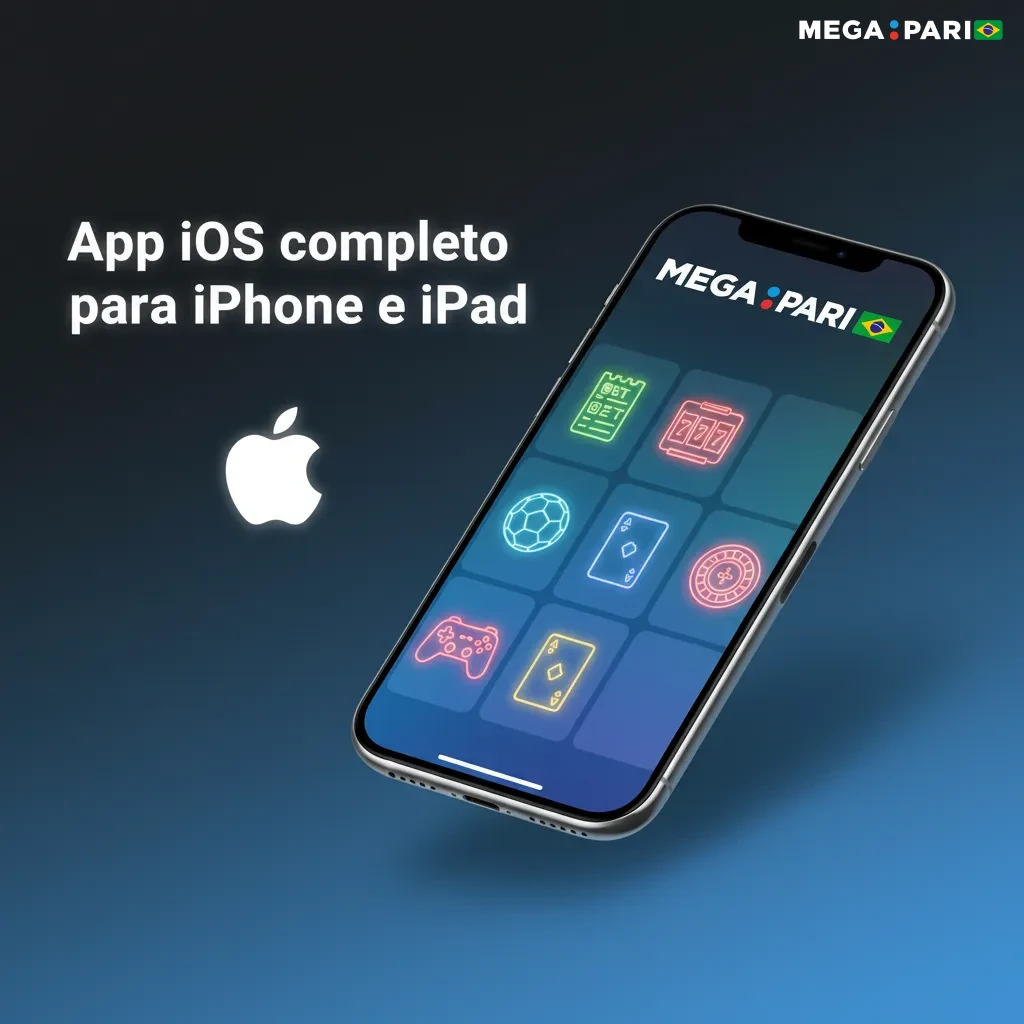 Tela do app iOS para iPhone e iPad, com apostas ao vivo, slots e Pix; grátis, iOS 12+, ~100 MB; conta sincronizada.